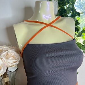 PrettyLittleThing✨ Grey Ribbed Bodycon Mini Dress with Orange Straps 🩶🧡 BNWT